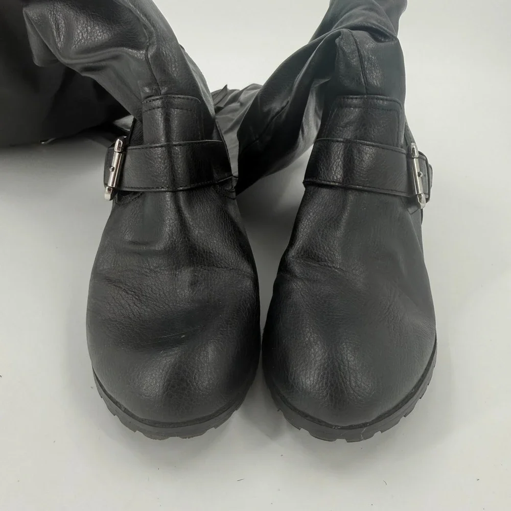 Colin Stuart Slouchy Knee-High Boots Womens US 9B Black Round Toe Buckle Detail